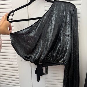 One-Shoulder Metallic Black Top